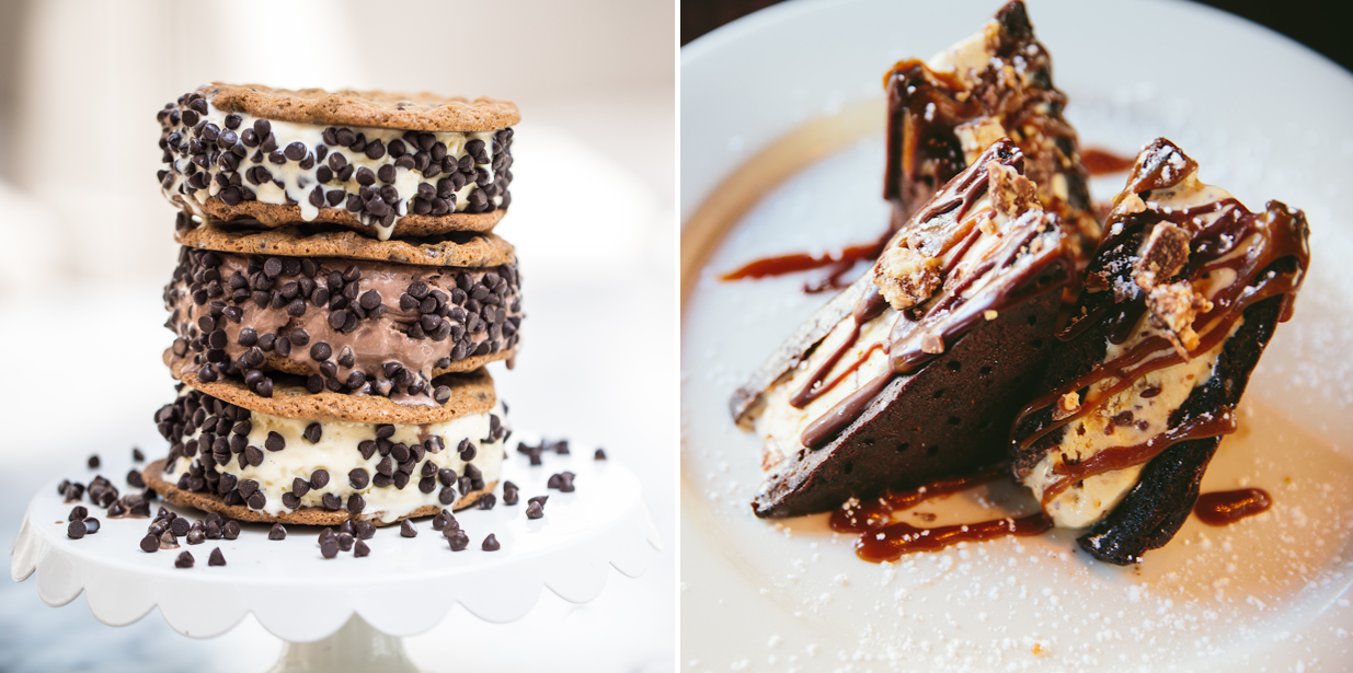 side by side images of ice cream sandwiches: summer house's cookie; Wildfire's brownie