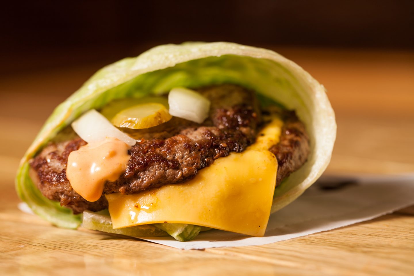 M Burger Cheeseburger salad style with a lettuce wrap