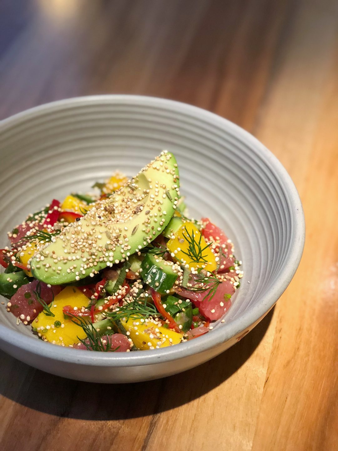 Avocado & Grapefruit with mango, cucumbers, fresnos, dill, sage and crispy quinoa