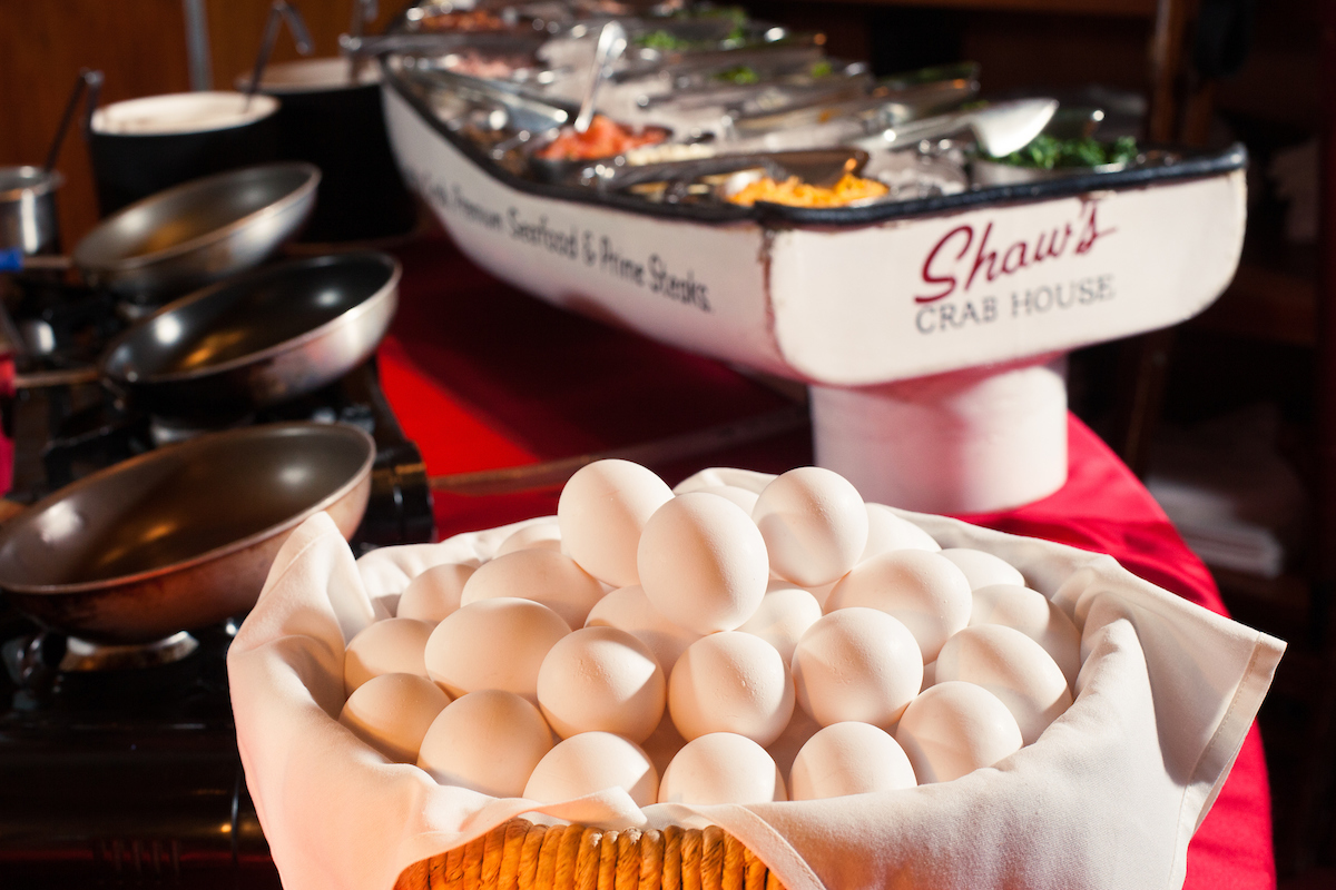 basket of eggs and toppings at the omelet bar of Shaw's Crab House