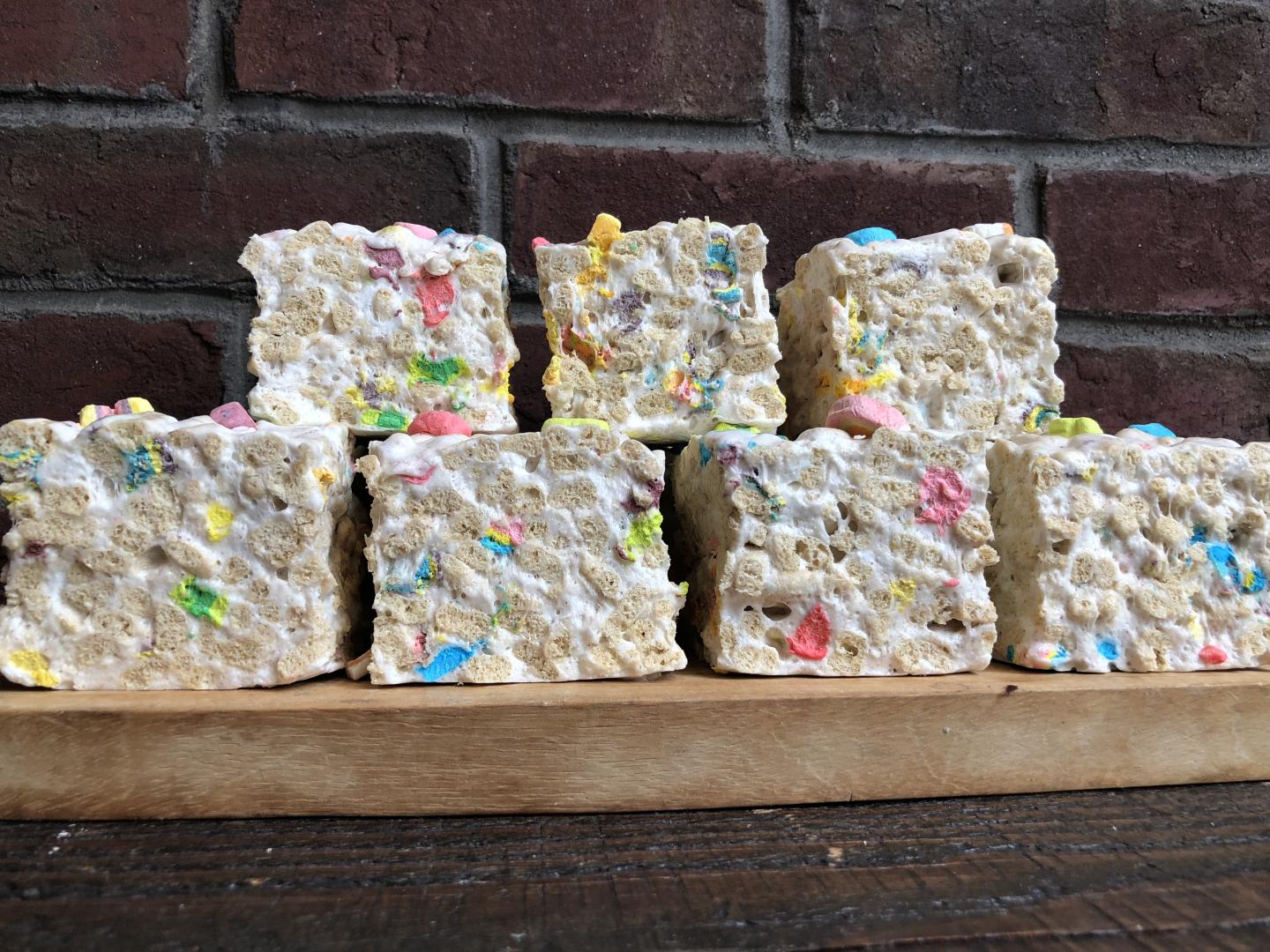 7 rice krispie treats studded with lucky charm marshmallows