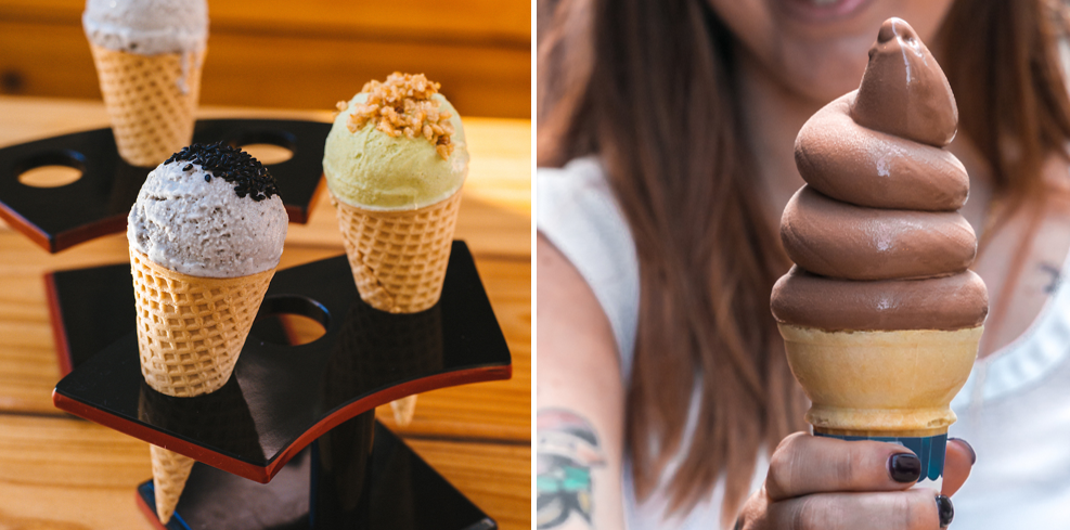 Ramen-san's Sesame and Matcha Ice Cream Cones (left) and M Burger's Classic Chocolate Cone (right).