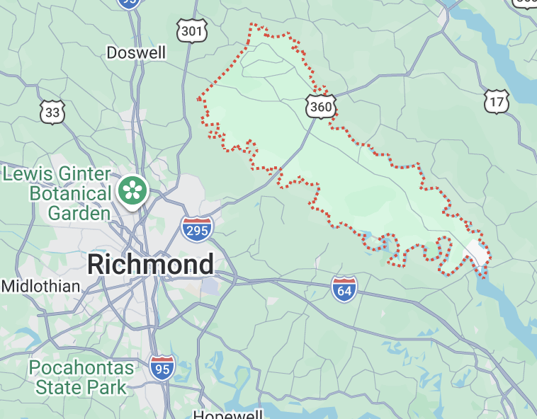 Map image of King William County, Virginia to the northeast of Richmond.