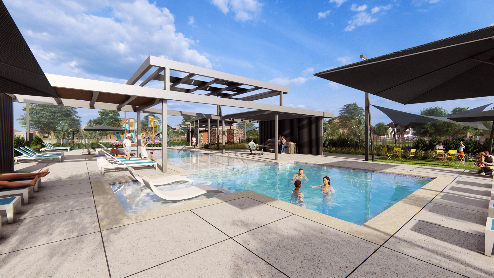 Stunning and modern community pool featuring multiple lounge chairs and happy families.