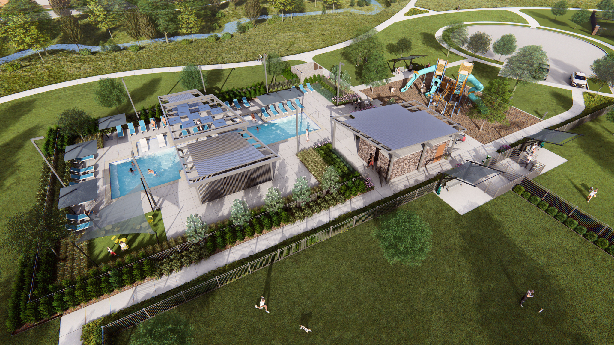 Large amenity complex including modern pool, massive playground, and lots of hike and bike trails