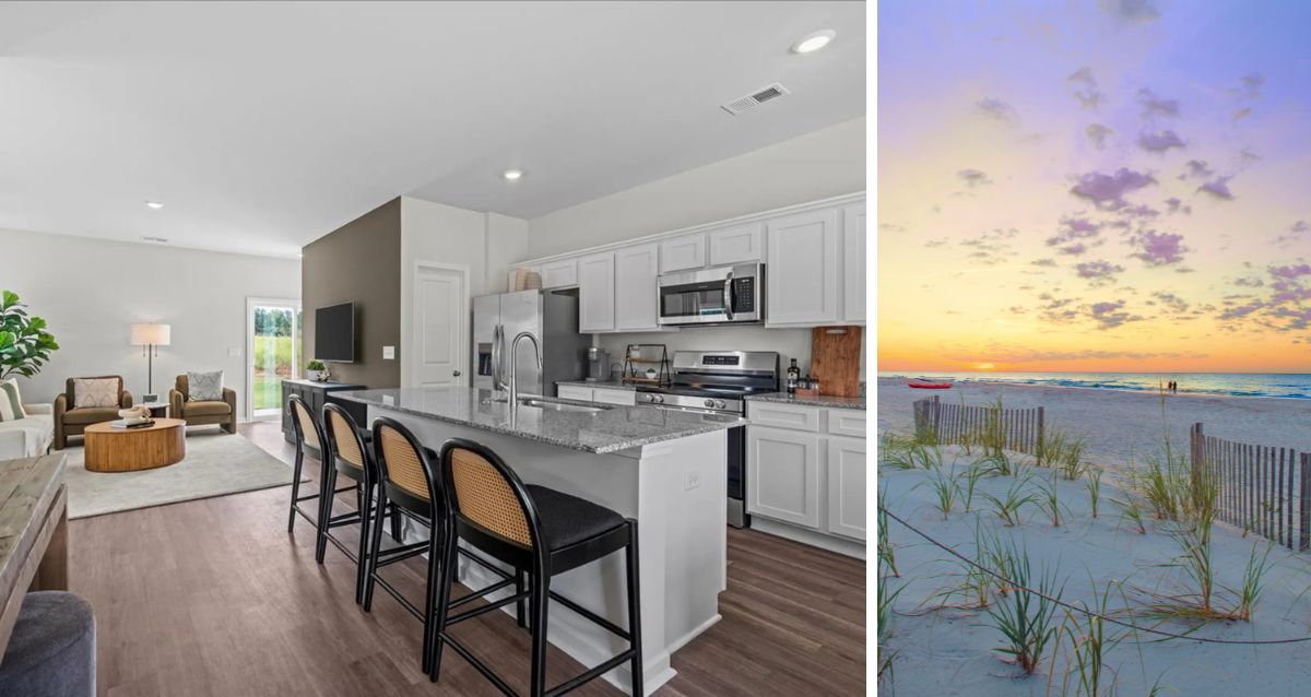 Interior image of a McGuinn Homes kitchen and a stock image of the beach in Hilton Head.