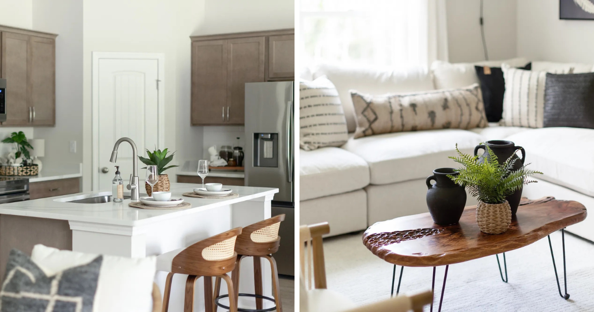 Images of the kitchen and living room in the Sweetwater model home.