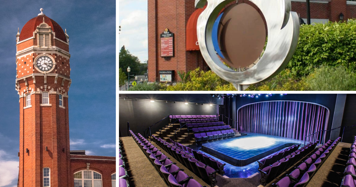 Three image collage. Image on left is of clock towner in Chelsea. Image on top right is art sculpture in Chelsea. Picture on bottom right is of theater in Chelsea.