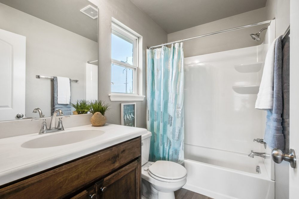 Small Bath, Window, Stained Cabinets