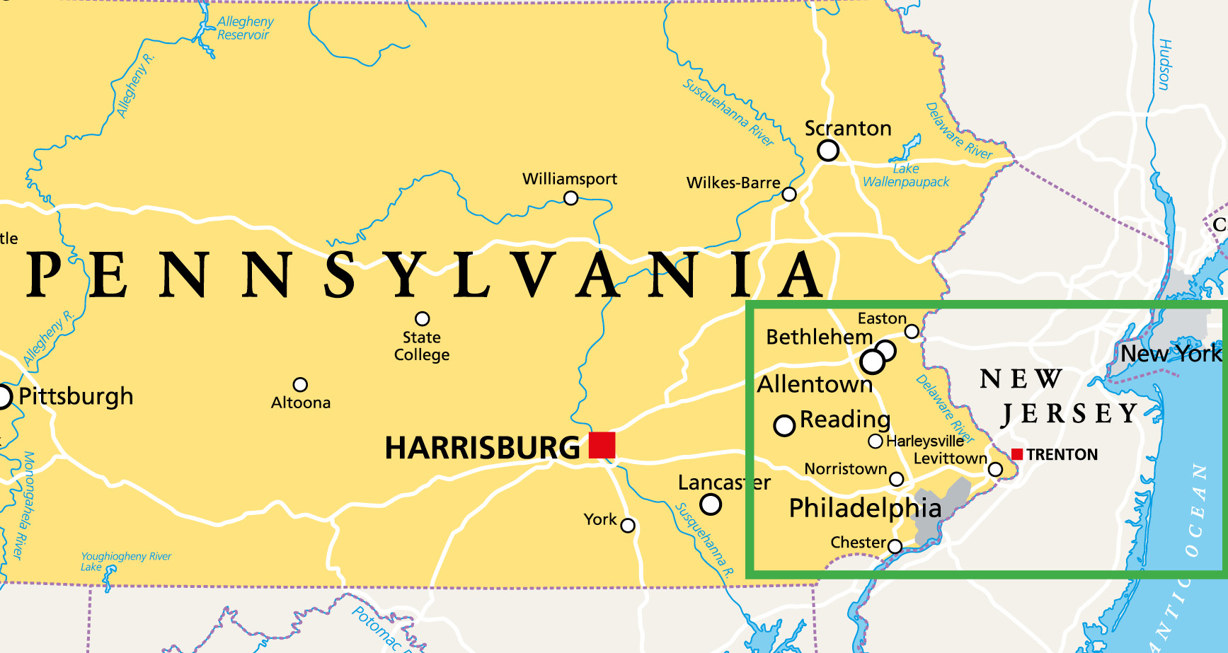 Convenient map of Easton Pennsylvania shows the locations of Easton, Harleysville, and other popular commuter towns close to Philadelphia and New York City.