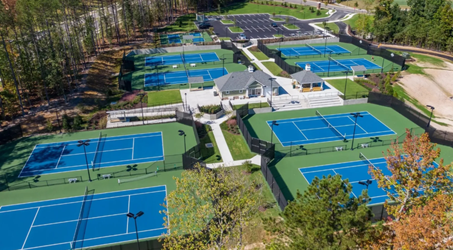 Aerial view of tennis courts in Charleston Landing.