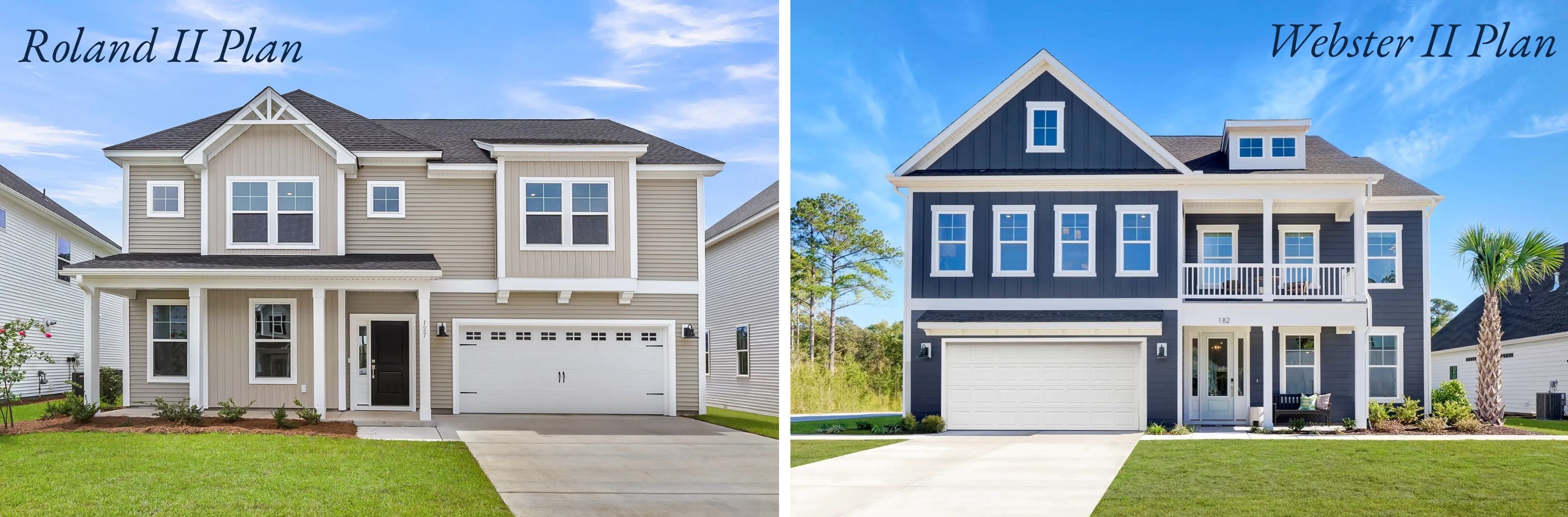 Roland II and Webster II exteriors, two of the floor plans offered in Hendrix Farms.