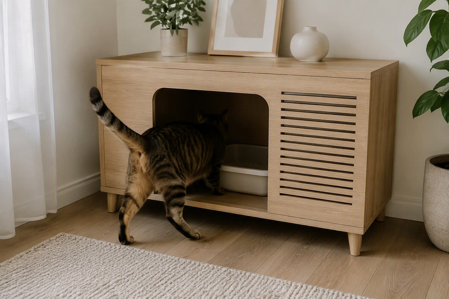 A cat going into a litter box