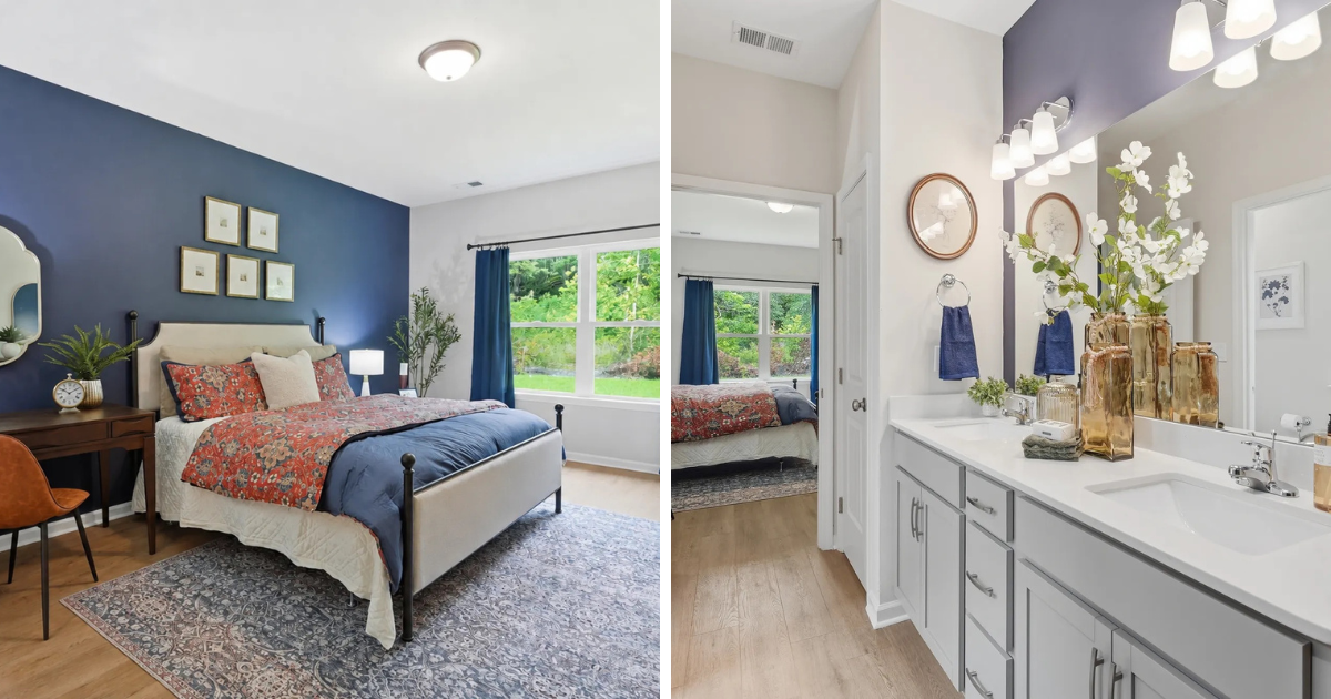 Primary bedroom and bathroom images from the new model home in Majestic Oaks, a new home community in Brunswick by Smith Family Homes.