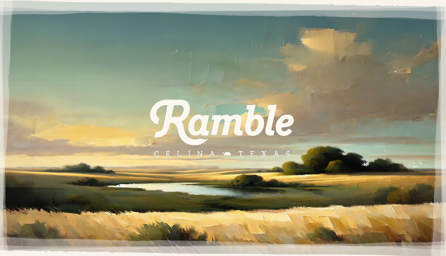 Painted image of wide open landscape of rolling hills, trees, a vast pond, and a gentle beautiful sunset