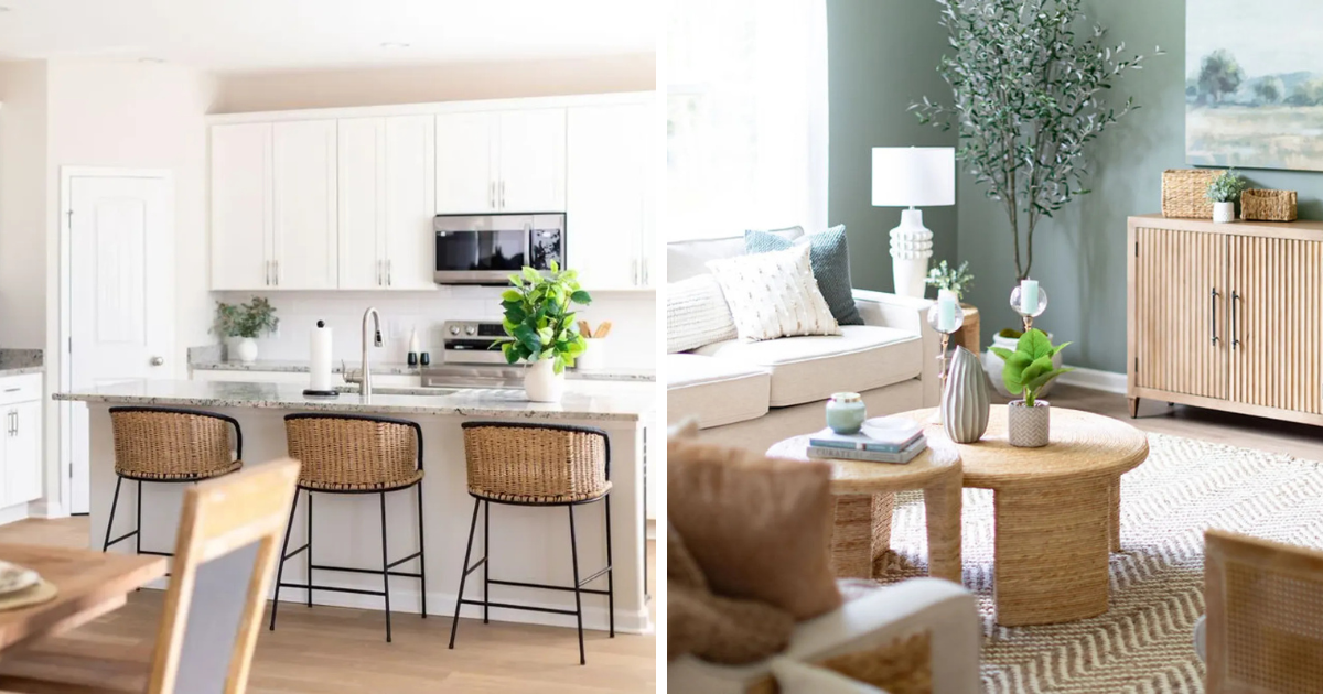 Interior images from a Smith Family Homes model home featuring a staged kitchen and living room.