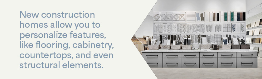 interior of a design center for home in Northeast Florida with text overlay explaining the personalization of new construction homes vs resale