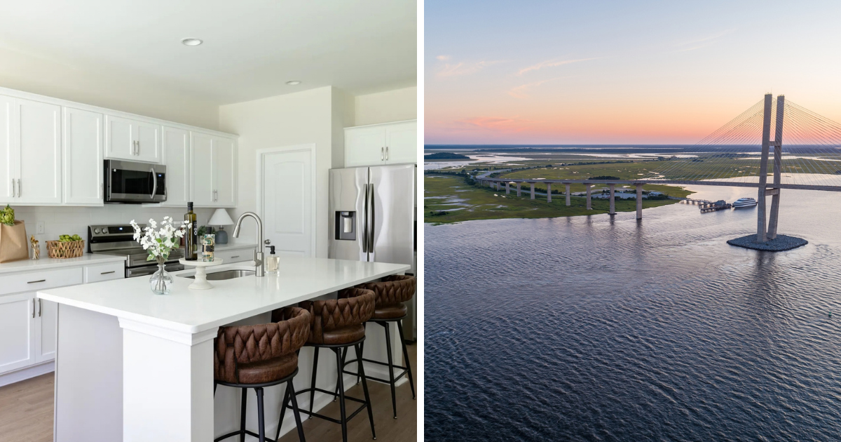 Model home kitchen in Brunswick by Smith Family Homes and aerial image of the Georgia River and bridge