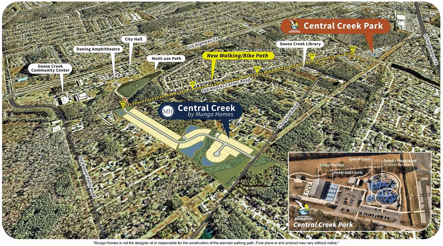 A labeled map showing the proximity of the Central Creek community to Central Creek Park.