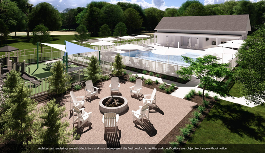 Architectural rendering of pool, playground, and firepit