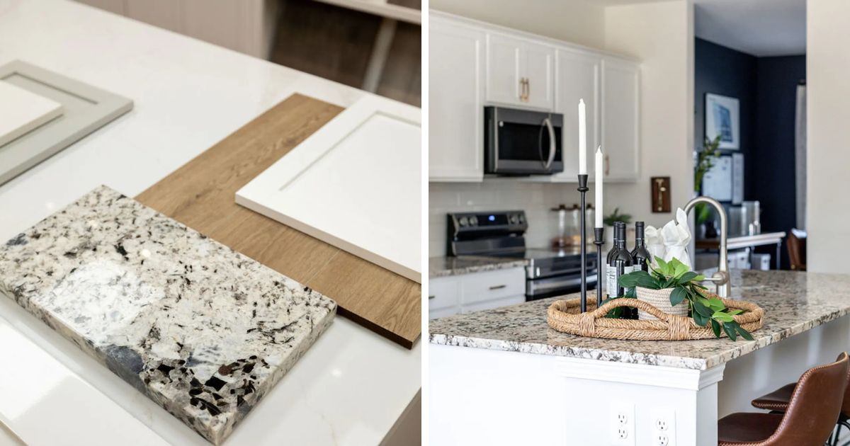 Image of the left shows samples from the Smith Family Design Center. Image on the right shows a kitchen with similar finishes from the design center photo.