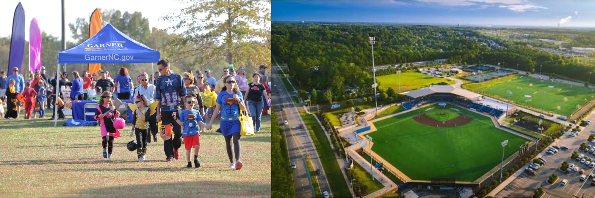 Families enjoying downtown Garner. Right: Sports facilities in Ting Park.