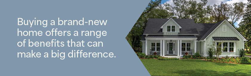 exterior of a new home in Jacksonville, FL with a text overlay explaining the benefits of buying a new home