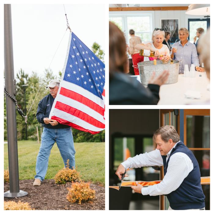 Raising American Flag, Cutting Ribbon, Woman Getting Drinks.