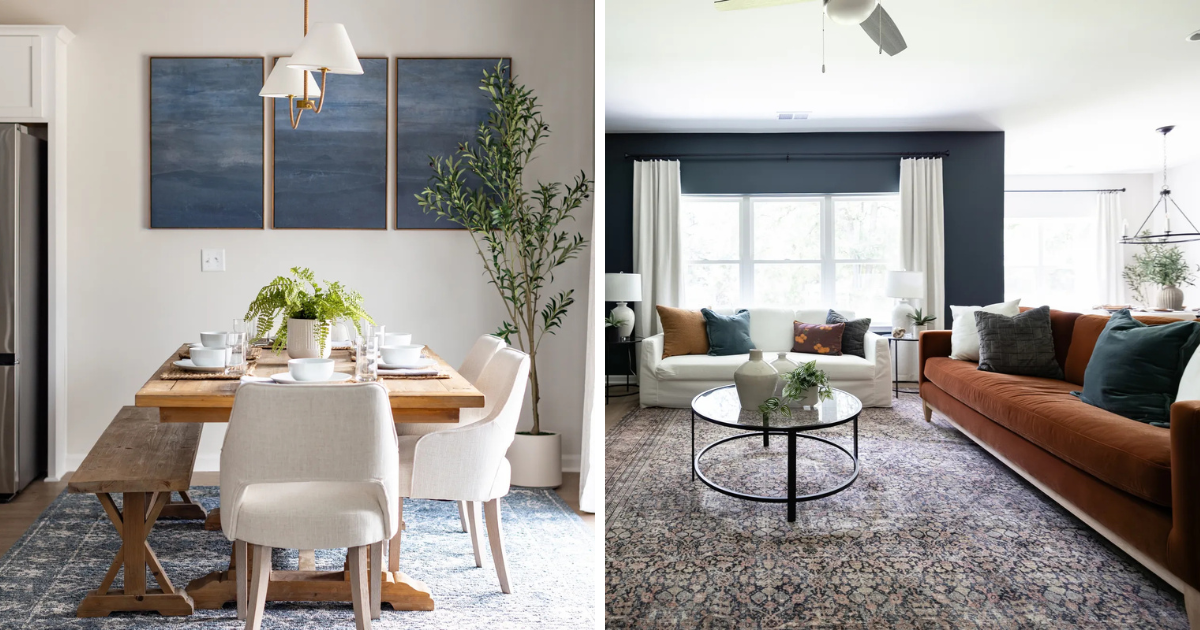 Interior images of a Smith Family model home featuring the dining area and living room.