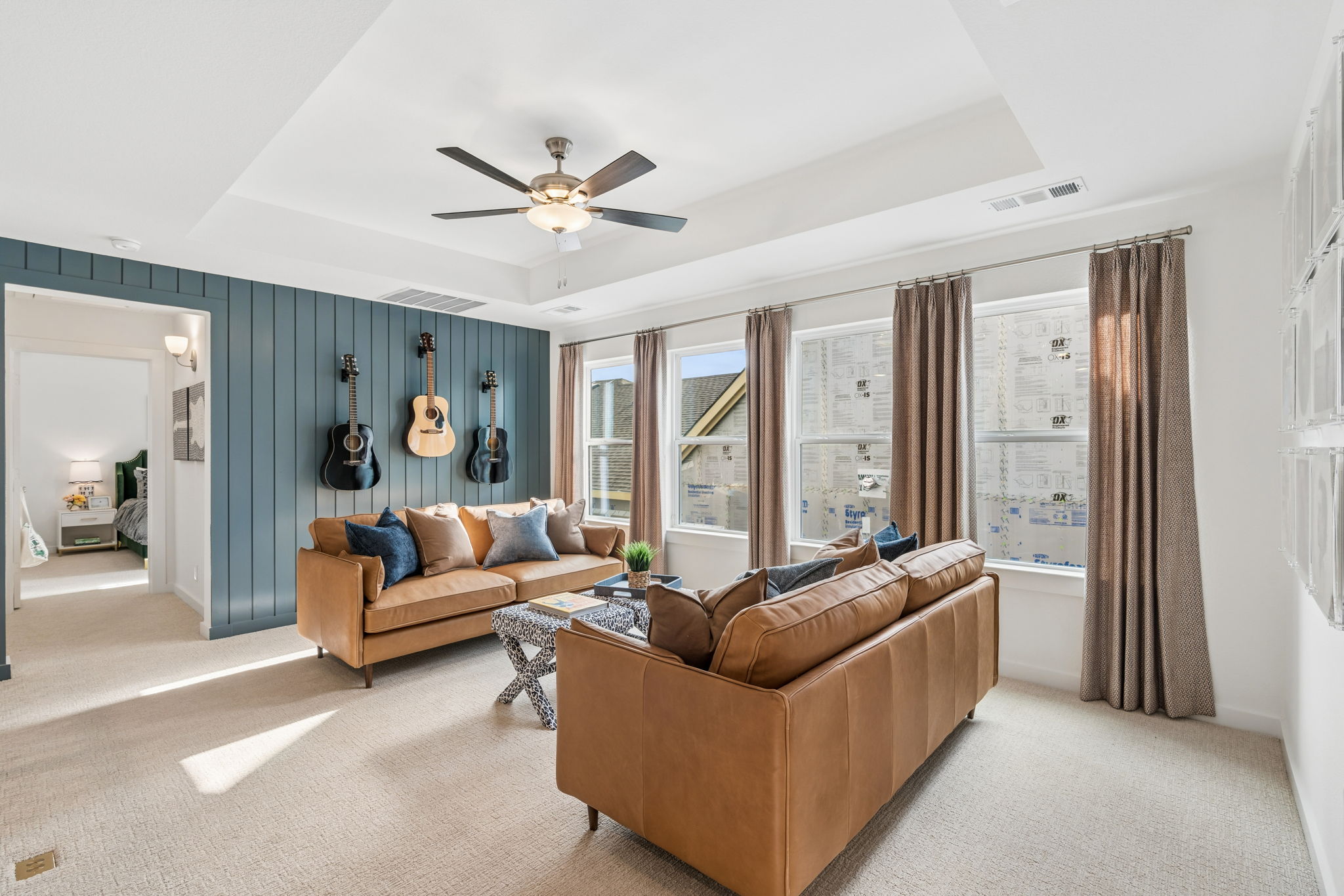 Decorated loft with shiplap walls