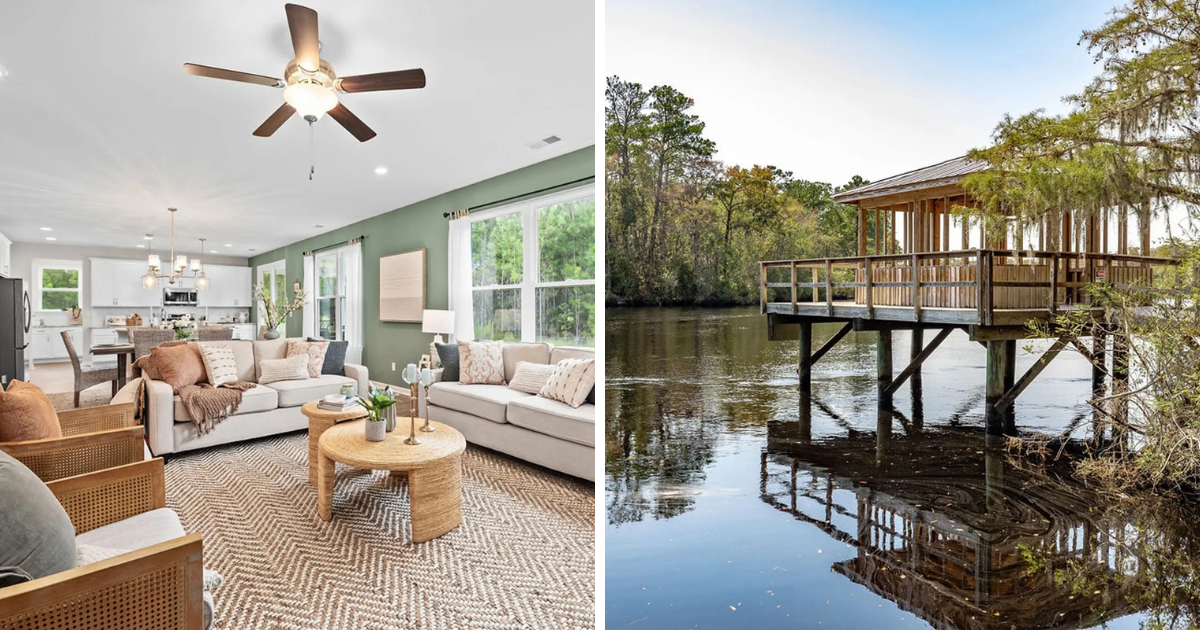 Images from Smith Family's Kingsland community NorthShore on the St. Marys River showing the model home kitchen and a dock on the river.