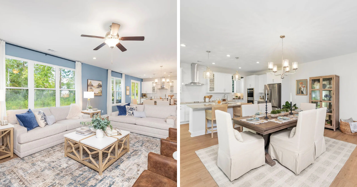 Collage of images featuring the model home in Ramsey Landing, featuring the living room and dining and kitchen area.
