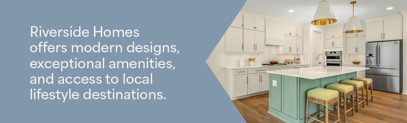 interior kitchen of a new home in St Augustine, FL with text overlay explaining Riverside Homes offers new homes in the area