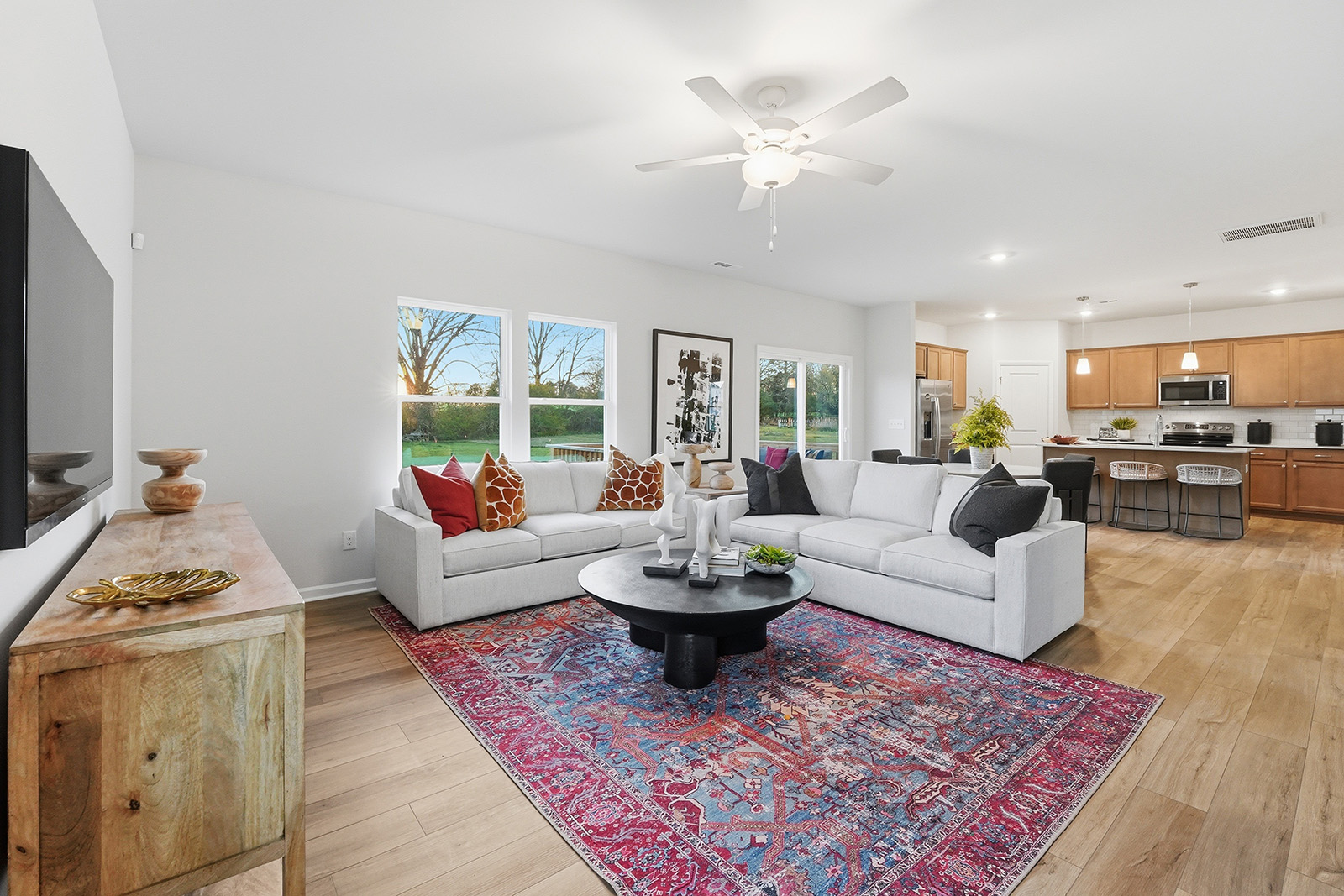 Decorated great room in the Leander Lee model home