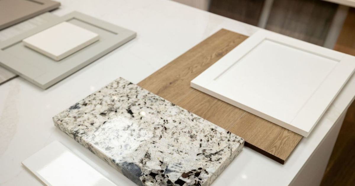 Selection options for countertops, cabinets, and flooring from Smith Family Homes' design center.