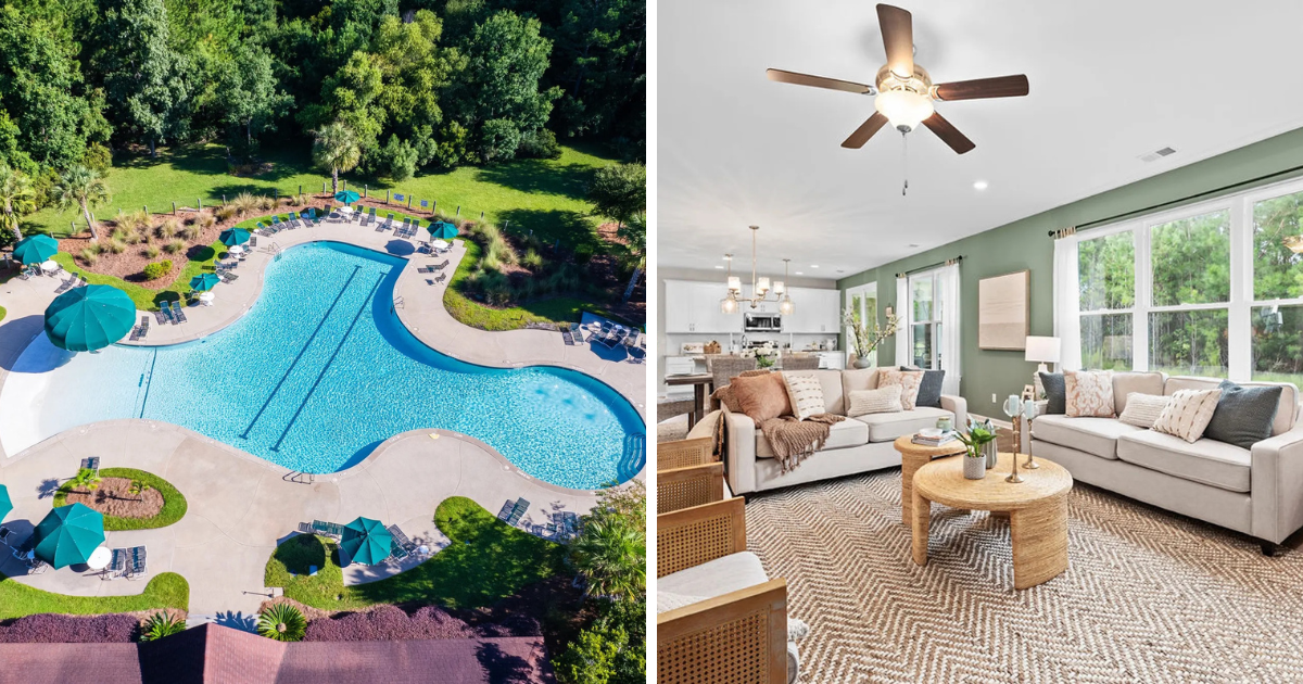 Aerial image of a Smith Family community pool and interior image of a living room in a Smith Family model home.