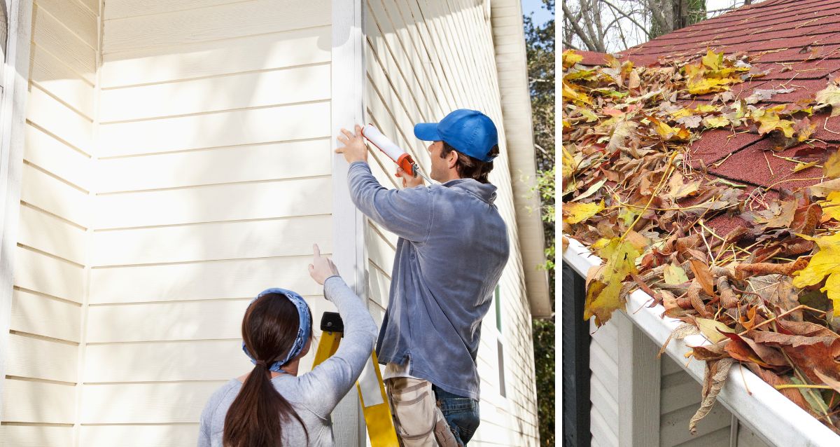 Homeowners doing fall maintenance, like clearing leaves from their gutters.