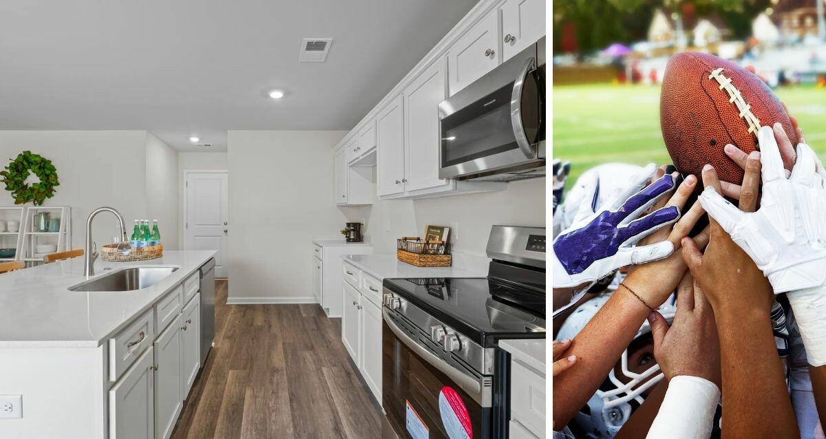 Image of a McGuinn kitchen with a stock image of football players.