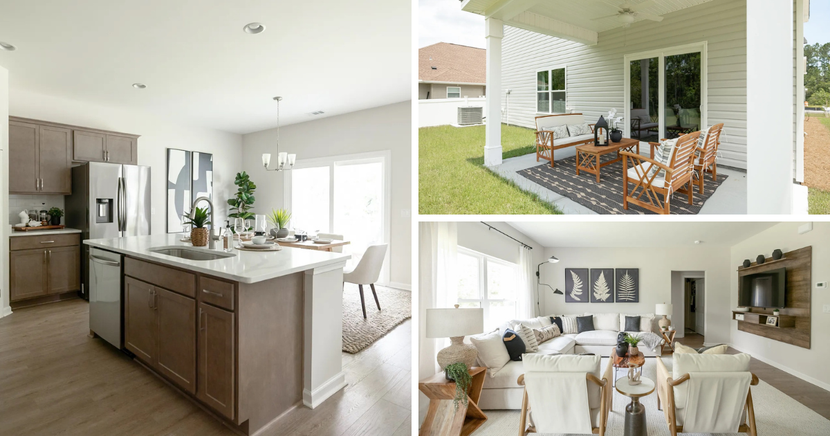 Images of the kitchen, living room, and and back porch of the Sweetwater model home.