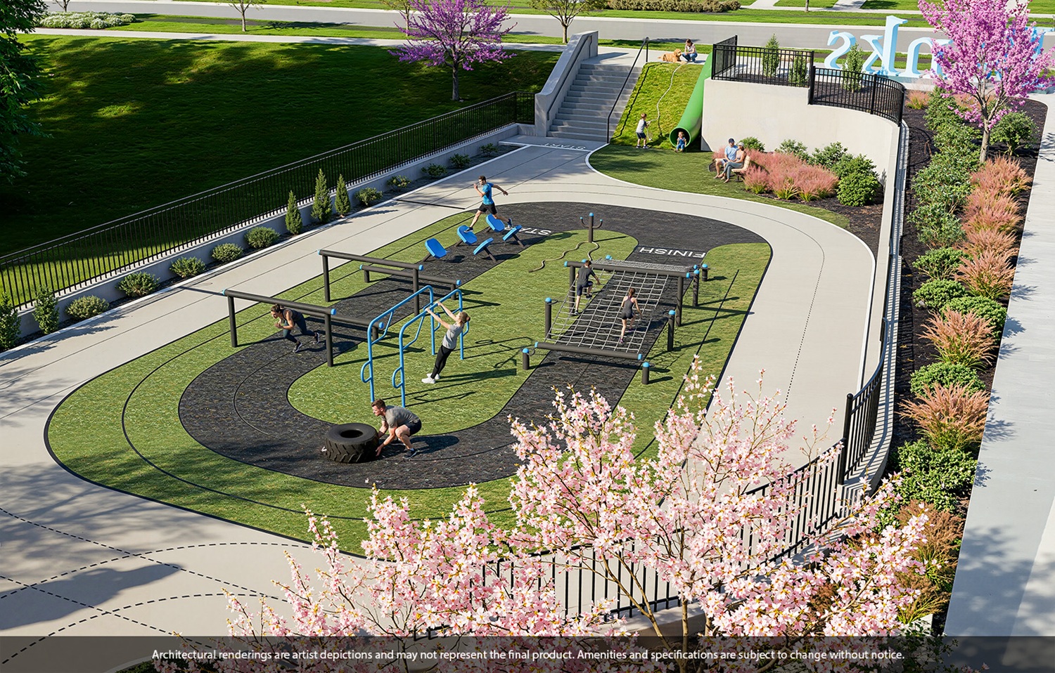 Rendering of people exercising at the fitness park