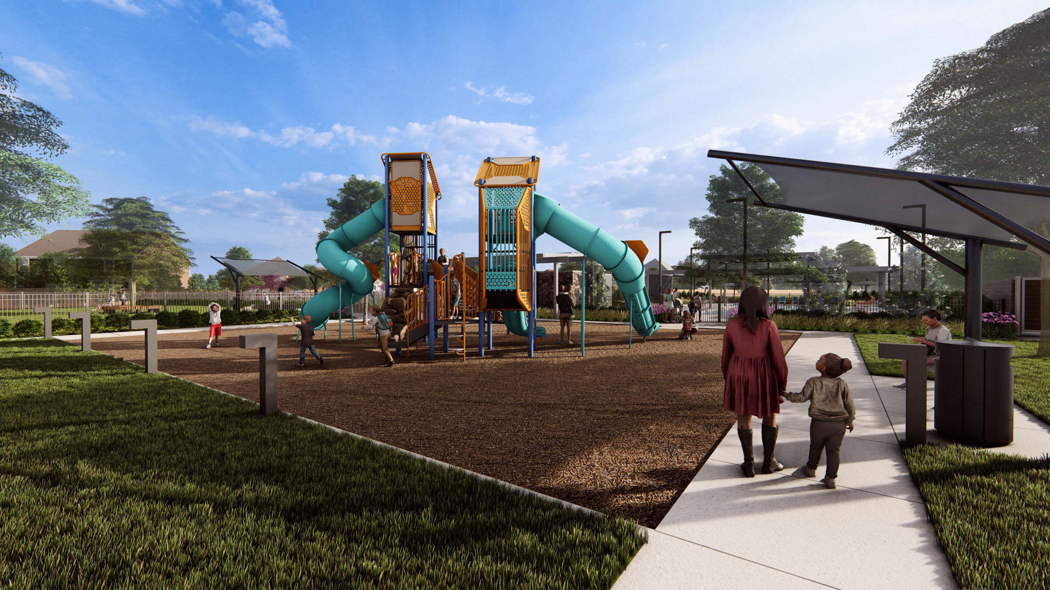 Huge colorful playground for children, including two slides and multiple sidewalks