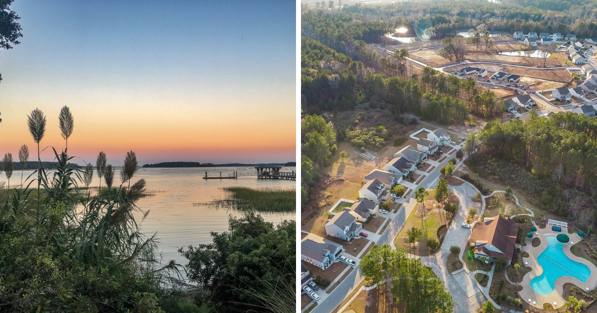 Image of the May River sunset in Bluffton, SC and an aerial image of Heritage at New Riverside, a new home community in Bluffton, SC by Smith Family Homes.