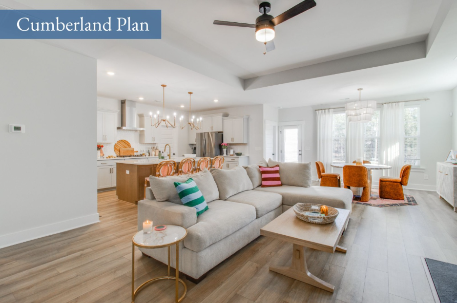 Great room, eat-in, and kitchen in a Cumberland plan home.