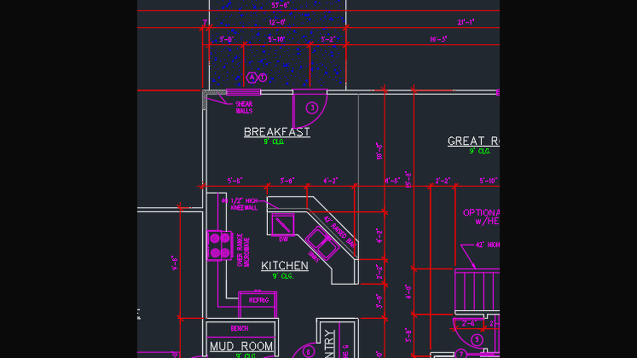 Close-up of a new home floor plan showing kitchen, breakfast area, and pantry layout