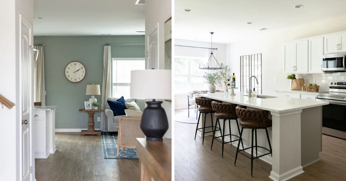 Entry way image and kitchen image of a Smith Family model home.