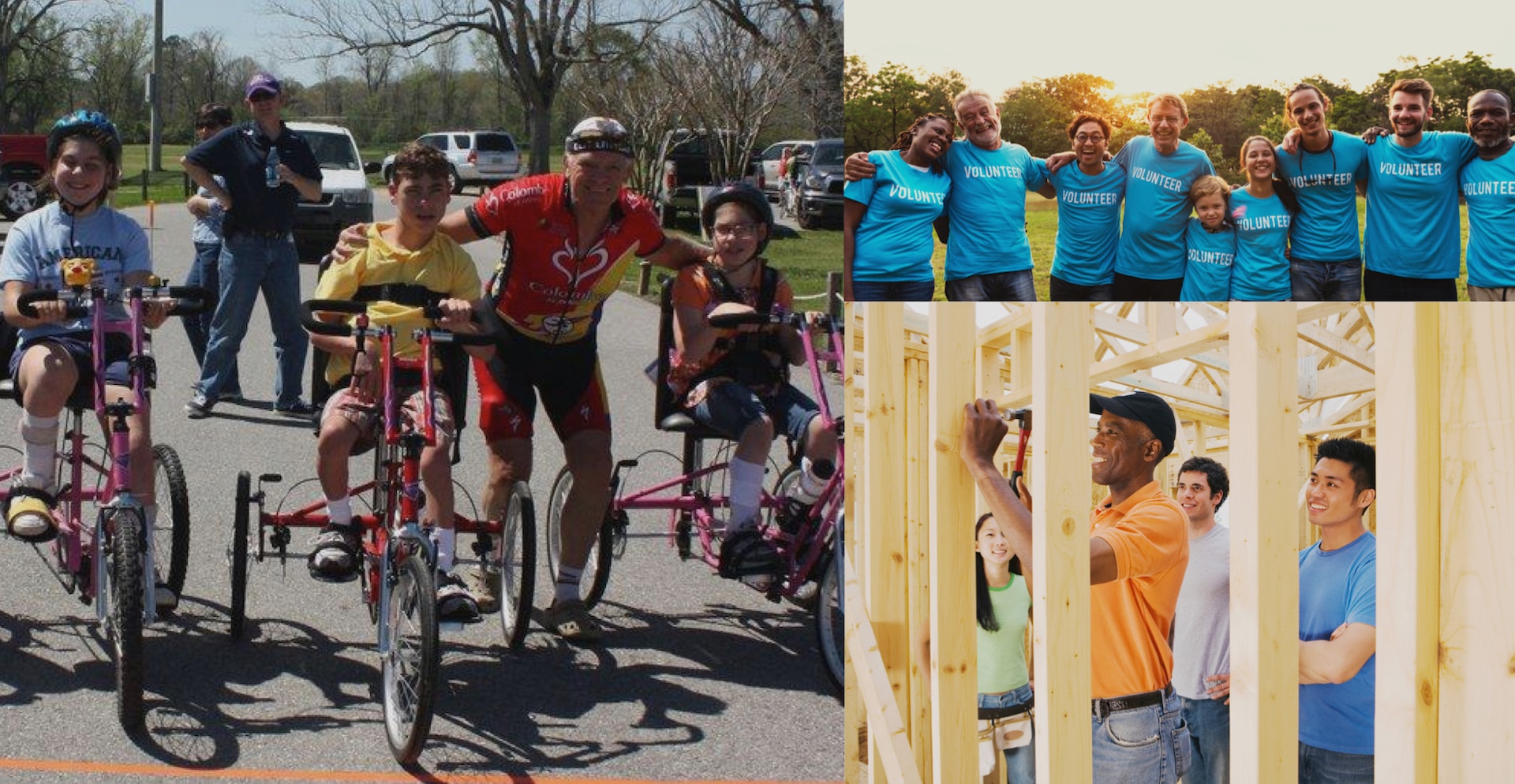 photo collage depicting volunteers building a house and riding bikes with children with special needs
