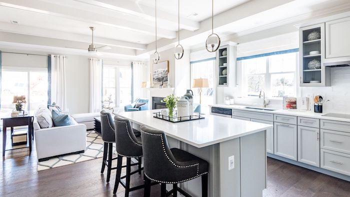 Kitchen and living room.