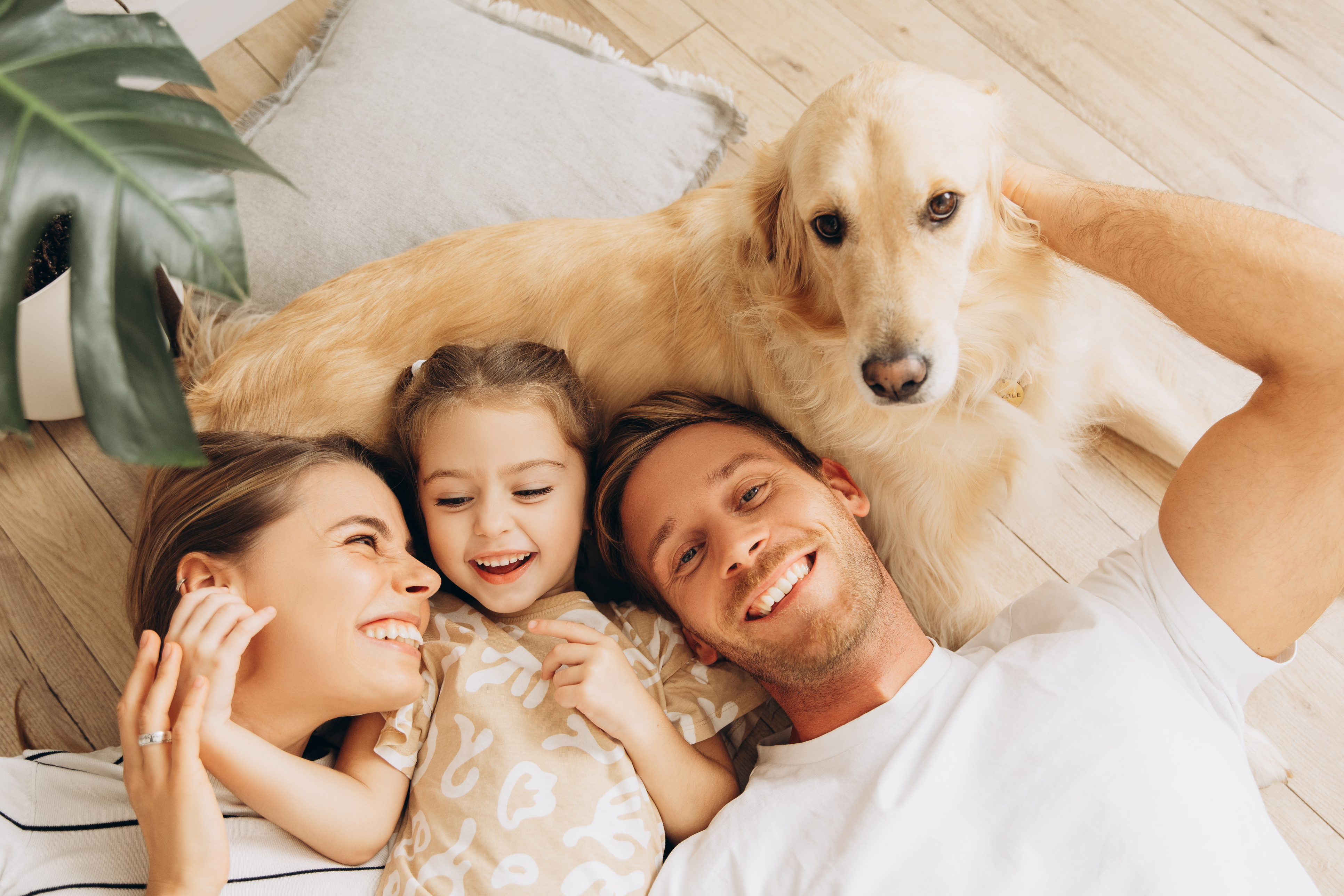 A family laying with their child and dog