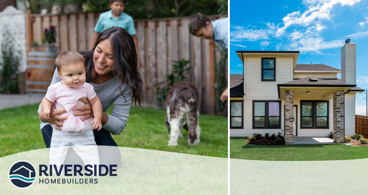 Image of a happy family playing in the backyard of their new Riverside home in DFW suburbs.