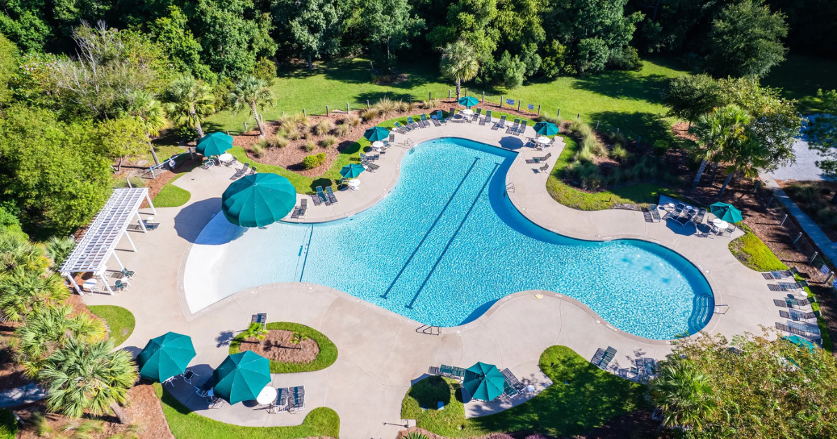 Aerial image of the community pool at Heritage at New Riverside, a Smith Family Homes community.